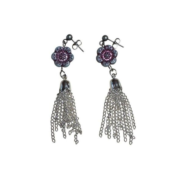 Wild Rose Flower Chain Tassel Earrings Stainless Steel Posts - Picture 6 of 10
